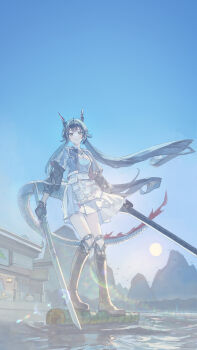 1girl 54cr afloat arknights arknights:_endfield black_boots black_gloves black_hair blue_jacket blue_shirt blue_sky boots brown_eyes building chen_qianyu_(arknights) closed_mouth commentary_request creature cropped_jacket day dragon_girl dragon_horns dragon_tail dual_wielding floating_hair gloves high-waist_skirt highres holding holding_sword holding_weapon horns jacket knee_boots lake lens_flare long_hair long_sleeves looking_at_viewer mountainous_horizon open_clothes open_jacket outdoors plaid_clothes shirt skirt sky smile solo sun sword tail twintails very_long_hair water weapon white_skirt