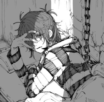 1boy bruise bruised_eye bububuki chain collar crack_of_light empty_eyes fang frown greyscale hair_over_one_eye half-closed_eyes hand_on_own_face identity_v injury looking_at_viewer luca_balsa lying male_focus messy_hair metal_collar monochrome on_bed prison_cell prison_clothes shirt striped_clothes striped_shirt upper_body