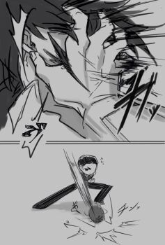 Rule 34 | 2boys, ^^^, absurdres, angry, antennae, arthropod boy, beard stubble, clenched hand, close-up, cockroach boy, collared shirt, comic, expressionless, facial hair, fighting, formal clothes, g corp. (identity) (project moon), glasses, grabbing another's face, grabbing another's head, gregor (project moon), grey background, greyscale, hair slicked back, half-closed eyes, hand on another's face, head grab, highres, in the face, jitome, limbus company, long hair, low ponytail, male focus, monochrome, monster boy, motion blur, motion lines, multiple boys, necktie, pants, paramecium nmi, parody, parted bangs, photoshop (medium), ponytail, project moon, pun, sanpaku, shadow, shirt, shoes, short hair, silent comic, sketch, slam, slamming another, sleeves rolled up, speed lines, stubble, surprised, vest