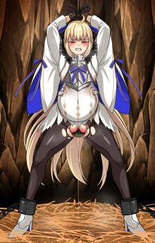 1girl absurdres aesc_(fate) aesc_(savior)_(fate) ahoge ankle_cuffs armor bar_censor bdsm black_gloves black_pantyhose blonde_hair bondage bound bound_wrists bow breastplate censored chain chained chained_ankles chained_cuffs commentary_request commission commissioner_upload cuffs dress fate/grand_order fate_(series) female_focus giving_birth gloves hay high_heels highres lactation large_variant_set long_hair no_panties non-web_source open_mouth pantyhose pregnant pussy pussy_juice restrained rope skeb_commission solo stained_clothes standing standing_with_legs_apart textless_version torn torn_clothes torn_pantyhose variant_set white_dress wrists_tied_together yagami_(mukage)