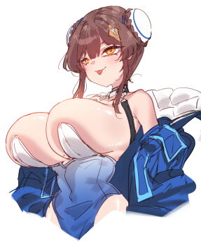 1girl absurdres bare_shoulders black_choker blue_dress blue_jacket blush braid braided_bun breasts brown_hair bun_cover chaos_zero_nightmare choker cleavage collar cropped_torso double_bun dress gradient_clothes gradient_dress hair_bun highres huge_breasts jacket mole mole_on_breast mole_under_mouth off_shoulder piercing rayno short_hair_with_long_locks solo strapless tongue_piercing white_background yellow_eyes yuki_(chaos_zero_nightmare)