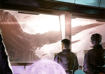 1other 2boys beam_cannon epaulettes fleet gundam gundam_perfect_file highres hologram landscape lens_flare magazine_scan military_uniform morishita_naochika multiple_boys painting_(medium) scan scene_reference science_fiction space space_habitat spacecraft spacecraft_interior sun sunlight traditional_media victory_gundam window zanscare zero_gravity