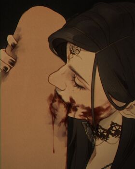 2girls black_background black_choker black_hair black_nails blood blood_on_face blood_on_leg cassandra_dimitrescu choker close-up closed_eyes facial_mark forehead_mark highres holding_another&#039;s_leg horror_(theme) mole mole_under_eye multiple_girls pale_skin resident_evil resident_evil_village simple_background skindentation thigh_biting vivi_llain yuri