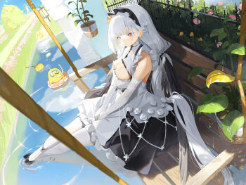 1girl azur_lane bare_shoulders black_footwear breasts cleavage commentary dress elbow_gloves english_commentary flower flower_pot gate gloves helic_(7317helic) highres innertube lantern large_breasts leaf long_hair manjuu_(azur_lane) on_swing orange_eyes pantyhose plant rope scuba_gear scylla_(azur_lane) sitting solo swim_ring swing veil very_long_hair wading water white_gloves white_hair