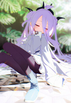 1girl absurdres ahoge alternate_costume alternate_hairstyle black_horns blue_archive blue_boots bm_tol boots cellphone closed_eyes closed_mouth commentary cosplay demon_girl demon_horns double_bun facing_viewer hair_bun highres hina_(blue_archive) holding holding_phone horns long_hair millennium_science_school_student_(blue_archive) millennium_science_school_student_b_(blue_archive) millennium_science_school_student_b_(blue_archive)_(cosplay) outdoors pantyhose phone purple_pantyhose shirt sleeves_past_fingers sleeves_past_wrists smartphone solo twintails white_shirt