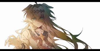 1girl animal_ears blue_eyes choker dr_p_a headband highres horse_ears horse_girl light_rays long_hair looking_at_viewer oguri_cap_(starlight_beat)_(umamusume) oguri_cap_(umamusume) reaching reaching_towards_viewer simple_background solo sunbeam sunlight teardrop tearing_up tears umamusume umamusume:_cinderella_gray white_background white_hair