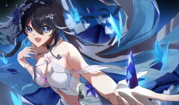 1girl bare_shoulders black_hair blue_eyes blue_hair breast_tattoo breasts cleavage clothing_cutout commentary_request dress flower hair_flower hair_ornament harutoman highres honkai_(series) honkai_impact_3rd large_breasts looking_at_viewer multicolored_hair navel open_mouth seele_vollerei seele_vollerei_(herrscher_of_rebirth) smile solo stomach_cutout tattoo two-tone_hair white_dress