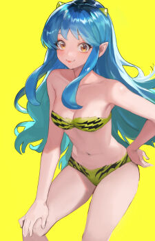 1girl animal_print bikini blue_hair blush breasts buckto cleavage collarbone commentary cone_horns eyelashes fang fur_bikini hand_on_own_hip hand_on_own_knee highres horns long_hair looking_at_viewer lum navel oni orange_eyes pointy_ears print_bikini small_horns smile solo strapless strapless_bikini swimsuit tiger_panties tiger_print urusei_yatsura very_long_hair yellow_background yellow_bikini yellow_horns