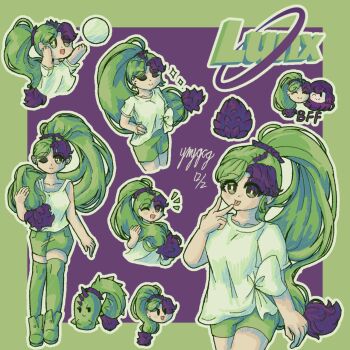 2girls ball boots border bright_pupils bud character_name chibi chibi_inset closed_eyes closed_mouth collarbone creature_and_personification dusk_lobber_(plants_vs._zombies) eyelashes eyeshadow green_boots green_border green_eyes green_eyeshadow green_hair green_shorts green_thighhighs hair_over_shoulder hand_on_own_hip highres holding holding_own_hair long_hair makeup moonflower_(plants_vs._zombies) multicolored_hair multiple_girls notice_lines one_eye_closed open_mouth original outline personification plants_vs._zombies plants_vs._zombies_2 ponytail purple_background purple_hair shirt short_sleeves shorts simple_background smile sparkle spikes thighhighs two-tone_hair user_vsvc2775 white_outline white_pupils white_shirt