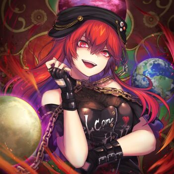 1girl absurdres adapted_costume album_cover alternate_hair_length alternate_hairstyle arm_support black_choker black_gloves black_hat black_shirt breasts chain choker clothes_writing commentary_request cover earth_(ornament) fingerless_gloves gloves gold_chain hair_between_eyes hands_up hat heart heart_print hecatia_lapislazuli highres jewelry legacy_of_lunatic_kingdom long_hair looking_at_viewer medium_breasts moon_(ornament) off-shoulder_shirt off_shoulder re_(re_09) red_eyes red_hair ring second-party_source shirt short_sleeves smile solo t-shirt teeth tongue touhou underworld_(ornament) upper_body v-shaped_eyebrows