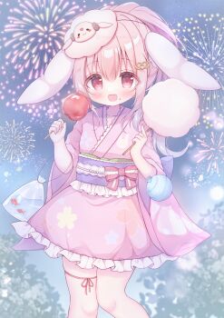 1girl aerial_fireworks animal_ears bag bagged_fish blush breasts candy_apple commentary_request cotton_candy fireworks fish food goldfish hair_bun hair_ornament hanasaki_chiyu hanasakichu highres holding holding_candy_apple holding_cotton_candy holding_food indie_virtual_youtuber japanese_clothes kimono long_hair long_sleeves looking_at_viewer mole mole_under_mouth night night_sky open_mouth original outdoors pink_eyes pink_hair pink_kimono purple_sash rabbit_ears rabbit_girl sash sky small_breasts smile solo virtual_youtuber water water_yoyo yukata