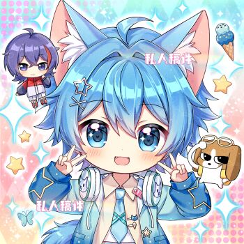 2boys :3 :d ahoge animal_ear_fluff animal_ears blue_eyes blue_jacket blue_necktie blush cat_boy cat_ears chibi chibi_only closed_mouth collared_shirt crossed_bangs dot_nose double-parted_bangs double_v fang food hair_between_eyes hair_intakes hair_ornament hands_up headphones headphones_around_neck highres ice_cream jacket long_sleeves looking_at_viewer male_focus monu_xialuote multicolored_hair multiple_boys necktie open_clothes open_jacket open_mouth original purple_eyes purple_hair red_hair shirt short_hair shorts smile star_(symbol) star_hair_ornament two-tone_hair upper_body v watermark white_shorts x_hair_ornament yellow_shirt