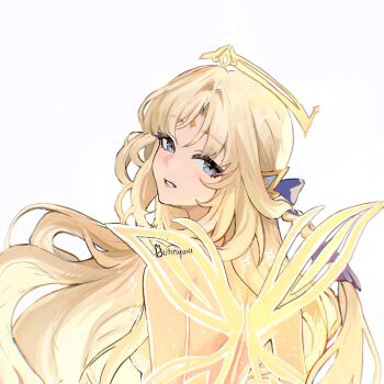 1girl bare_shoulders blonde_hair blue_eyes bunnyoki commentary genshin_impact hair_censor highres long_hair nicole_reeyn nude simple_background solo upper_body very_long_hair white_background