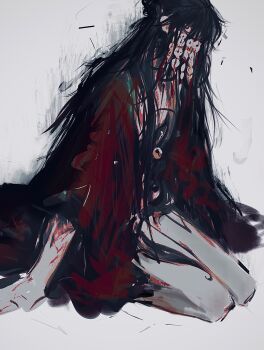 Rule 34 | 1boy, absurdres, bare legs, black hair, blood, blood on arm, blood on leg, chinese clothes, chinese commentary, coat, coin, coin mask, coin on string, covered mouth, cuts, dao gui yi xian, eyeball, grey background, hair bun, hanfu, highres, holed coin, injury, li huowang, li sui (tentacles), long hair, looking at viewer, male focus, mask, messy hair, mouth veil, naked coat, open clothes, open coat, partially undressed, red coat, red eyes, seiza, shengdi yage, simple background, single hair bun, sitting, sketch, solo, tentacles, tentacles under clothes, veil, very long hair, white background