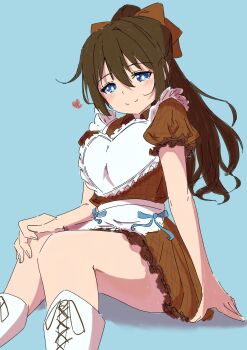 Rule 34 | 1girl, absurdres, apron, blue background, blue eyes, blush, boots, brown dress, brown hair, closed mouth, commentary, dress, feet out of frame, frilled apron, frills, half updo, hand on own knee, heart, heart apron, high ponytail, highres, knee boots, looking at viewer, love live!, love live! nijigasaki high school idol club, misoshiru. (hss llnl), osaka shizuku, ponytail, puffy short sleeves, puffy sleeves, shadow, short dress, short sleeves, sitting, smile, solo, split mouth, waist apron, white apron, white boots