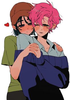 Rule 34 | 2girls, alien stage, black hair, black sweater, blush, brown hat, collared shirt, earrings, green shirt, grey shirt, hat, heart, highres, holding hands, interlocked fingers, jewelry, long sleeves, mizi (alien stage), multiple girls, off-shoulder sweater, off shoulder, one eye closed, pink hair, purple eyes, seiniku a, shirt, short hair, short sleeves, sua (alien stage), sweater, very short hair, yellow eyes, yuri