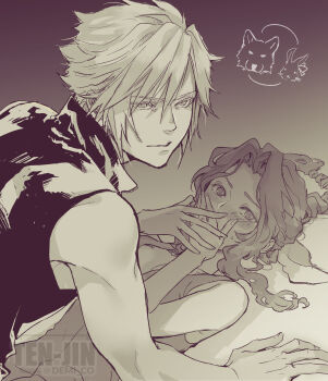 aerith_gainsborough bare_shoulders black_vest blonde_hair blush braid braided_ponytail breasts brown_hair cleavage cloud_strife couple covering_own_mouth demi_co dress final_fantasy final_fantasy_vii final_fantasy_vii:_advent_children final_fantasy_vii_rebirth final_fantasy_vii_remake furrowed_brow hair_between_eyes hair_ribbon hetero highres long_hair lying medium_breasts on_back parted_bangs popped_collar rabbit ribbon sepia short_hair sidelocks single_braid sleeveless sleeveless_dress twitter_username upper_body vest wolf zipper