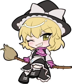 1girl apron black_boots black_hat black_skirt black_vest blonde_hair blush boots bow broom broom_riding chibi chibi_only frilled_apron frilled_skirt frills full_body gloves grin hat hat_bow kirisame_marisa long_hair looking_at_viewer mirei_(miirei) one_eye_closed purple_gloves purple_scarf scarf shirt shoes short_sleeves simple_background sitting skirt skirt_set smile socks solo touhou transparent_background v-shaped_eyebrows vest waist_apron white_apron white_bow white_shirt white_socks witch_hat yellow_eyes