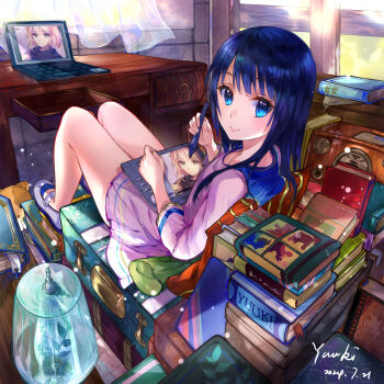 1girl absurdres ame_oto_aw artist_name blue_collar blue_eyes blue_hair blunt_ends book bookmark closed_mouth collar commentary_request computer curtains dated day drawer drawing_tablet dress english_text eyelashes full_body highres holding holding_stylus lamp laptop long_hair looking_at_viewer looking_back open_drawer original pile_of_books pink_dress pink_shoes radio see-through_curtains shoes sitting sitting_on_object smile solo straight_hair stuffed_animal stuffed_toy stylus suitcase table tablet_pc turning_head window wispy_bangs