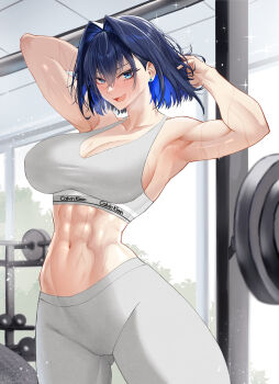1girl abs absurdres arms_up barbell bare_shoulders biceps black_hair blue_eyes blue_hair blush breasts cleavage colored_inner_hair deroo gym hair_intakes highres hololive hololive_english large_breasts looking_at_viewer multicolored_hair muscular muscular_female navel open_mouth ouro_kronii pants short_hair smile sports_bra sweat thighs virtual_youtuber white_pants white_sports_bra yoga_pants
