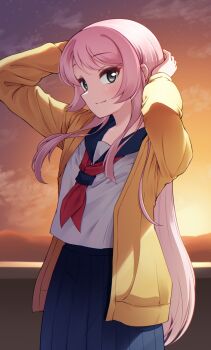 1girl arms_up bang_dream! bang_dream!_it&#039;s_mygo!!!!! blue_sailor_collar blue_skirt chihaya_anon closed_mouth commentary grey_eyes highres jacket jiwon_(sj1) long_hair neckerchief pink_hair pleated_skirt red_neckerchief sailor_collar school_uniform serafuku shirt skirt sky solo sunset upper_body white_shirt yellow_jacket