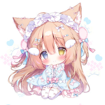 1girl animal_ear_fluff animal_ears blue_eyes blue_kimono blush bow bow_legwear cat_ears cat_girl chibi chibi_only closed_mouth commentary_request frilled_sleeves frills full_body hair_between_eyes hair_bow hair_ornament hairband heterochromia japanese_clothes kimono long_hair long_sleeves looking_at_viewer momozu_komamochi orange_hair original seiza signature simple_background sitting smile solo thighhighs very_long_hair white_background white_bow white_hairband white_thighhighs wide_sleeves wing_hair_ornament yellow_eyes
