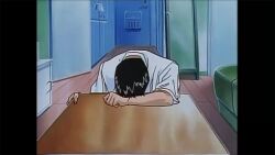 1990s_(style) 1boy 1girl animated bed blue_eyes breasts brown_hair cuffs handcuffed handcuffs hen_(manga) highres indoors key large_breasts long_hair nipples nude on_bed retro_artstyle sound stretching table tagme video waking_up yoshida_chizuru_(hen)