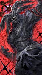 Rule 34 | 1other, absurdres, black skin, black wings, colored skin, commentary, facing viewer, feathered wings, head wings, highres, jujutsu kaisen, mahoraga (jujutsu kaisen), monster, muscular, nameno92372763, open mouth, red background, solo, standing, star (symbol), teeth, wings