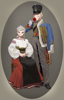 1girl absurdres aiguillette asymmetrical_sidelocks bad_tag blonde_hair blue_eyes braid braided_sidelock capelet chair closed_eyes commentary commission cossack embroidered_dress embroidery empire_of_austria english_commentary flower full_body gloves gun hands_on_lap hat highres historical_connection holding holding_flower hussar imperial_austrian_army jacket looking_at_viewer military military_dress_uniform military_hat military_jacket military_uniform musket myroslava_bozhuk olena_bozhuk original own_hands_together pelisse puffy_sleeves pzkpfwi red_flower red_rose rose siblings sidelocks sisters sitting slavic_clothes soldier traditional_dress ukraine ukrainian_clothes ukrainian_flag vyshyvanka weapon white_gloves