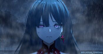 1girl 3d absurdres blender_(medium) blurry blurry_background close-up closed_mouth collar commentary detached_collar dirty dirty_face earrings english_commentary gladius_tyrfing grey_eyes grey_hair hair_between_eyes half-closed_eye high_collar highres jewelry long_hair looking_at_viewer multicolored_eyes phrolova_(wuthering_waves) portrait rain sidelocks solo tree twitter_username wet wet_face wet_hair wuthering_waves