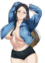Rule 34 | 1girl, arms behind head, arms up, black hair, black panties, black shorts, blue jacket, blueorca, breasts, brown eyes, collarbone, commentary, english commentary, hair between breasts, highleg, highleg panties, highres, jacket, large breasts, linea alba, long hair, looking at viewer, navel, no bra, open clothes, open jacket, original, panties, parted bangs, short shorts, shorts, smile, solo, stomach, thigh gap, thighs, toned female, underwear, very long hair