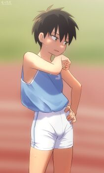 1boy brown_hair dondoko_mozutaro male_focus original outdoors shirt shorts shota sleeveless sleeveless_shirt solo sweat