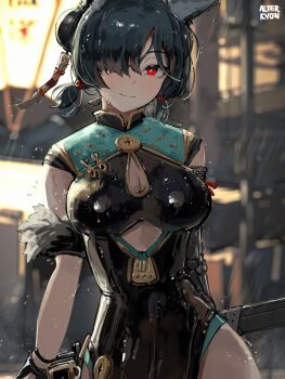 alterkyon animal_ears black_dress black_hair breasts china_dress chinese_clothes cleavage cleavage_cutout clothing_cutout cosplay dress fox_ears fox_girl gloves hair_over_one_eye highres hoshimi_miyabi pelvic_curtain rain red_eyes sweety_(zenless_zone_zero) sweety_(zenless_zone_zero)_(cosplay) sword tinted_eyewear twintails weapon wet yellow-tinted_eyewear zenless_zone_zero