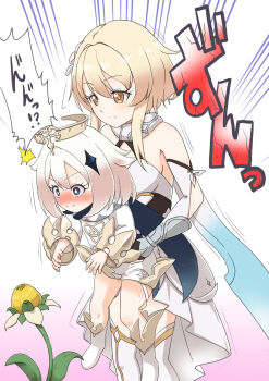 1futa 1girl age_difference black_eyes blonde_hair blush breasts brown_eyes clothed_sex futa_with_female futanari genshin_impact grabbing_from_behind gradient_background grey_hair highres japanese_text loli lumine_(genshin_impact) medium_breasts paimon_(genshin_impact) sex sex_from_behind size_difference speech_bubble surprised