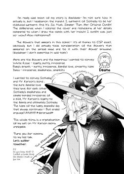 Rule 34 | 1girl, absurdres, afterword, arm rest, arms on knees, bow, chinstrap, covered mouth, deana, dress, elbow gloves, english text, feet out of frame, flower, frilled bow, frills, gloves, greyscale, hat, hat feather, hat flower, head on arm, highres, jacket, jacket on shoulders, knees to chest, long dress, monochrome, pantyhose, picture hat, reverse:1999, sitting, solo, sotheby, tearing up, text focus