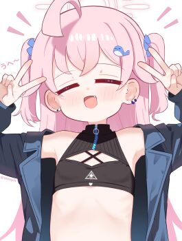 1boy 1girl :d ahoge black_jacket blue_archive blush closed_eyes double_v ear_piercing fang halo heterochromia highres hoshino_(blue_archive) jacket long_hair looking_at_viewer open_mouth piercing pink_hair pink_halo simple_background smile sseopik twintails v white_background