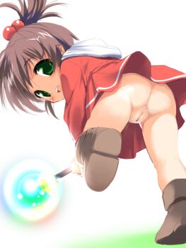 1990s_(style) 1girl anus blush bottomless brown_hair brown_shoes cleft_of_venus dress final_fantasy final_fantasy_iv from_behind green_eyes hair_bobbles hair_ornament hima holding loli long_hair long_sleeves looking_at_viewer looking_back no_panties nude_filter open_mouth ponytail porom pussy red_dress retro_artstyle shoes side_ponytail solo square_enix teeth third-party_edit uncensored upskirt wand white_background