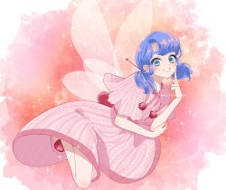 Rule 34 | 1girl, blue eyes, blue hair, dress, fairy, fairy wings, happy, highres, light blush, looking at viewer, marinette dupain-cheng, miraculous ladybug, pink background, pink dress, seio (nao miragggcc45), short twintails, smile, solo, teeth, twintails, wings, wool