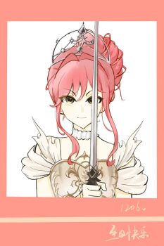 Rule 34 | 1girl, armor, border, breastplate, brown eyes, chinese commentary, chinese text, choker, closed mouth, clothing cutout, commentary request, dated, hair bun, hair intakes, happy, happy birthday, heluo (xinjinjumin430310805020), highres, holding, holding sword, holding weapon, infinity nikki, melody bloom (infinity nikki), nikki (nikki), nikki (series), pink border, pink hair, shirt, short hair with long locks, short sleeves, shoulder cutout, sidelocks, single hair bun, smile, sword, tiara, upper body, v-shaped eyebrows, wavy hair, weapon, white background, white choker, white shirt