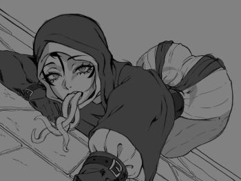 1girl ass black_capelet black_hood brick buckle capelet commentary elbow_gloves elden_ring elden_ring_nightreign english_commentary gloves greyscale looking_at_viewer monochrome mouth_tentacles nun outstretched_arm rilima solo top-down_bottom-up undertaker_(elden_ring) white_coif