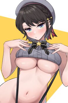 1girl absurdres beret black_bow black_bowtie black_hair bow bowtie breasts grey_hat grey_shirt hashira_14 hat highres hololive large_breasts looking_at_viewer navel oozora_subaru oozora_subaru_(suspenders) shirt short_hair sleeveless sleeveless_shirt solo striped_clothes striped_shirt suspenders underboob vertical-striped_clothes vertical-striped_shirt virtual_youtuber
