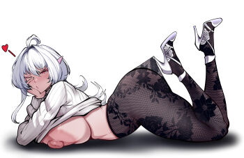 1girl absurdres ahoge alternate_costume black_pantyhose blowing_kiss breasts clothes_lift commentary curvy fate/grand_order fate_(series) floral_print floral_print_pantyhose from_side full_body hair_between_eyes hand_on_own_cheek hand_on_own_face heart high_heels highres huge_breasts lace lace_pantyhose lace_pantyhose_hooked_on_heel_(meme) lady_avalon_(fate) large_areolae legs_up long_hair long_sleeves looking_at_viewer lying meme merlin_(fate/prototype) nipples on_stomach one_eye_closed owner1657 pantyhose pointy_ears print_pantyhose puckered_lips shoes simple_background solo strappy_heels sweater sweater_lift thick_thighs thighs white_background white_hair white_shoes white_sweater