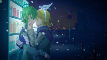 2girls against_object ahoge blonde_hair bollard bow brown_jacket cityscape closed_eyes commentary green_eyes green_hair gumi hair_bow hand_on_another's_cheek hand_on_another's_face highres imminent_kiss jacket kagamine_rin md5_mismatch multiple_girls night open_mouth outdoors road_sign scarf short_hair short_hair_with_long_locks sidelocks sign snowing standing upper_body vending_machine vocaloid white_bow winter wounds404 yuri