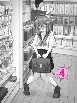 Rule 34 | 1girl, bag, commentary request, flat chest, glasses, highres, holding, holding bag, implied vibrator, indoors, kakuremino7928, large variant set, medium hair, miniskirt, monochrome, open mouth, original, paid reward available, pleated skirt, pussy juice, sailor collar, sailor shirt, school uniform, semi-rimless eyewear, serafuku, shirt, shoes, short sleeves, skirt, socks, solo, standing, sweat, trembling, under-rim eyewear, variant set, wavy mouth