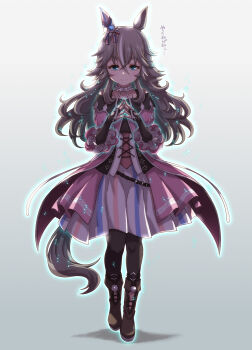 Rule 34 | 1girl, animal ears, black corset, black gloves, black pantyhose, boots, brown boots, brown hair, choker, closed mouth, commentary request, corset, dress, ear covers, fingerless gloves, frilled choker, frilled sleeves, frills, full body, gloves, grey background, hair between eyes, hands up, highres, horse ears, horse girl, horse tail, looking at viewer, multicolored hair, pantyhose, pink dress, satomura kyou, simple background, single ear cover, solo, standing, steepled fingers, straight-on, streaked hair, tail, translation request, umamusume, white choker, white streaks, wonder acute (butterfly sting) (umamusume), wonder acute (umamusume)