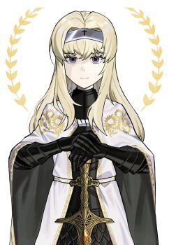 Rule 34 | 1girl, absurdres, armor, armored dress, asdf1211950, black armor, black gauntlets, black souls, blonde hair, blue eyes, closed mouth, cosplay, dress, elden ring, elden ring: shadow of the erdtree, gauntlets, gold trim, hairband, hands on hilt, highres, jeanne (black souls), long hair, looking at viewer, metal hairband, needle knight leda, needle knight leda (cosplay), parted bangs, sidelocks, smile, solo, sword, weapon, white dress