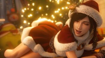 1girl 3d black_hair blurry blurry_background breasts capelet christmas christmas_lights christmas_ornaments christmas_tree commentary doll elbow_rest english_commentary fat_chocobo feet_out_of_frame final_fantasy final_fantasy_vii final_fantasy_vii:_ever_crisis fur-trimmed_capelet fur-trimmed_headwear fur-trimmed_skirt fur_trim hat hat_ornament holly_hat_ornament indoors kneehighs large_breasts lips long_hair looking_at_viewer lying moogle official_alternate_costume on_side on_stomach one_eye_closed open_mouth red_capelet red_eyes red_hat red_skirt santa_hat skirt sleeveless sleeveless_turtleneck socks solo sreliata stuffed_toy sweater tifa_lockhart tifa_lockhart_(fairy_of_the_holy_flame) turtleneck turtleneck_sweater white_sweater