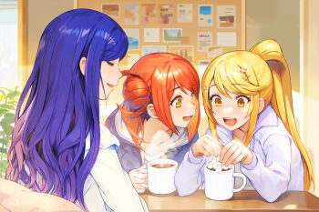 3girls :d artist_name blonde_hair blue_hair blue_jacket bulletin_board closed_eyes collarbone commentary cup day elbows_on_table food grey_jacket hair_bun hair_ornament hand_up hands_up high_ponytail highres holding holding_cup hood hood_down hooded_jacket hot_chocolate indoors jacket kano_misora kochou_shizuha long_hair long_sleeves looking_at_food looking_down marshmallow medium_hair mug multiple_girls one_side_up ootsuki_aruru open_clothes open_jacket open_mouth parted_lips photo_(object) plant ponytail profile red_hair reflection shadow shirt shoujo_kageki_revue_starlight shoujo_kageki_revue_starlight_-re_live- side-by-side sidelocks single_side_bun sitting smile star_(symbol) star_hair_ornament steam table takano_kou teeth upper_body upper_teeth_only wavy_hair white_shirt window yellow_eyes