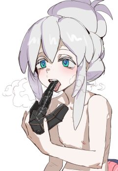 1girl black_mask blue_eyes blush bow_(bhp) colored_eyelashes deux_murasame dildo dildo_gag dildo_under_mask freckles gag grey_hair gundam gundam_gquuuuuux hair_bun highres long_hair mask masked mouth_mask petite purple_pupils sex_toy shoulder_blades simple_background updo white_background white_eyelashes white_hair