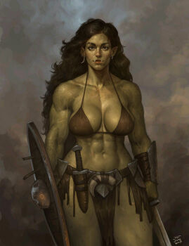 1girl abs absurdres biceps blue_eyes bra breasts brown_bra brown_hair colored_skin female_orc green_skin highres holding holding_shield holding_sword holding_weapon justsomenoob large_breasts long_hair looking_at_viewer orc original pelvic_curtain pointy_ears scar scars_all_over shield solo sword toned toned_female too_many tusks underwear warrior weapon